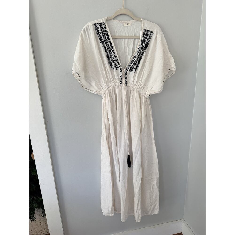 World Market Maxi Kaftan Dress Women’s Cream Embroidered Boho Linen Tassel